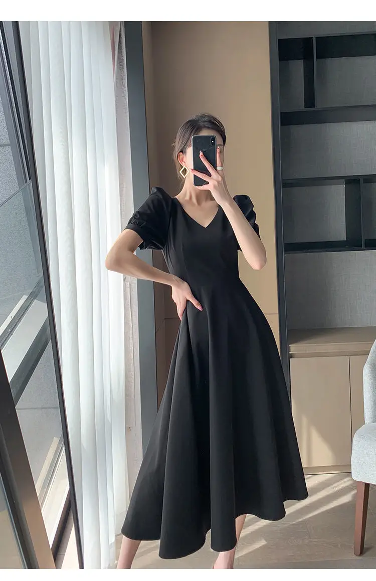 French Black V Neck A-Line Dress for Women 2023 — feature 13
