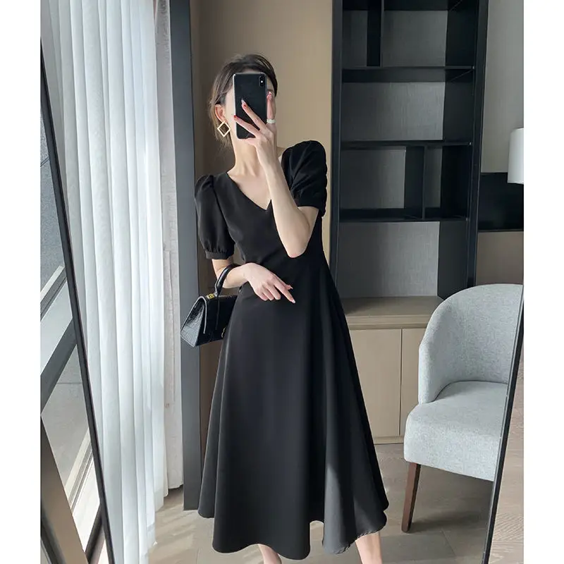 French Black V Neck A-Line Dress for Women 2023 — feature 4