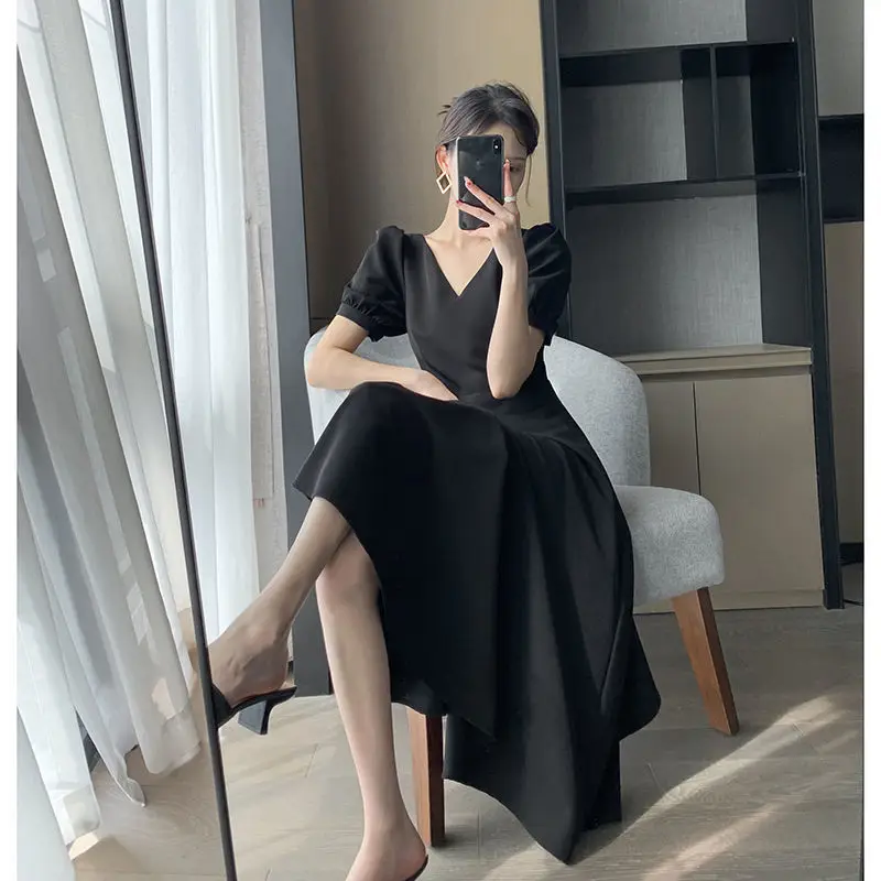 French Black V Neck A-Line Dress for Women 2023 — feature 5