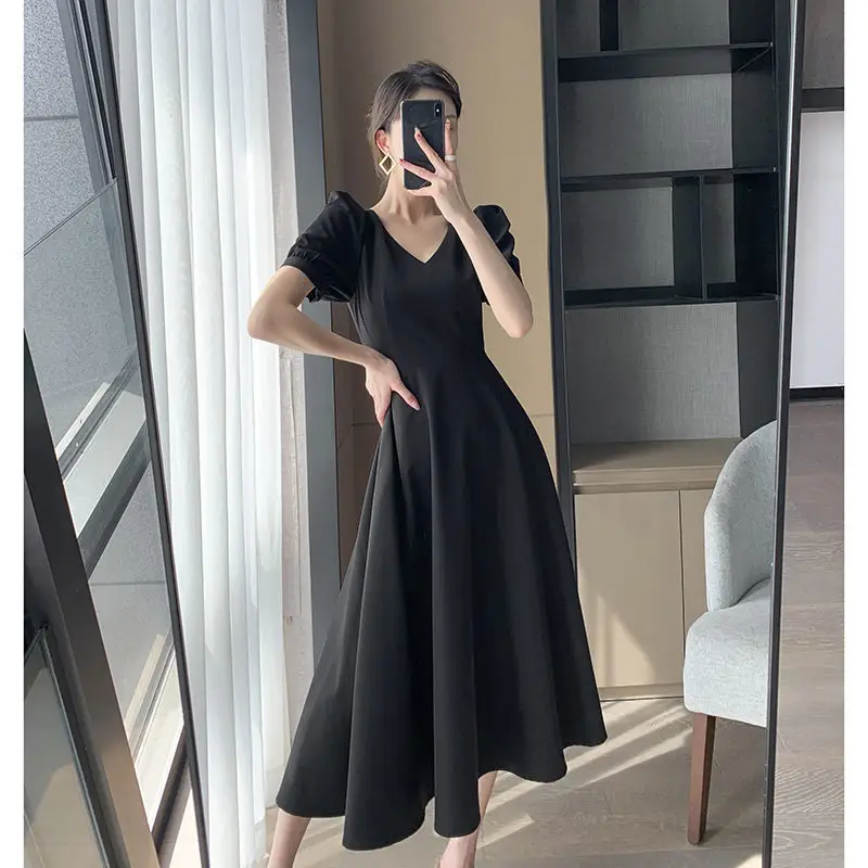 French Black V Neck A-Line Dress for Women 2023 — feature 6
