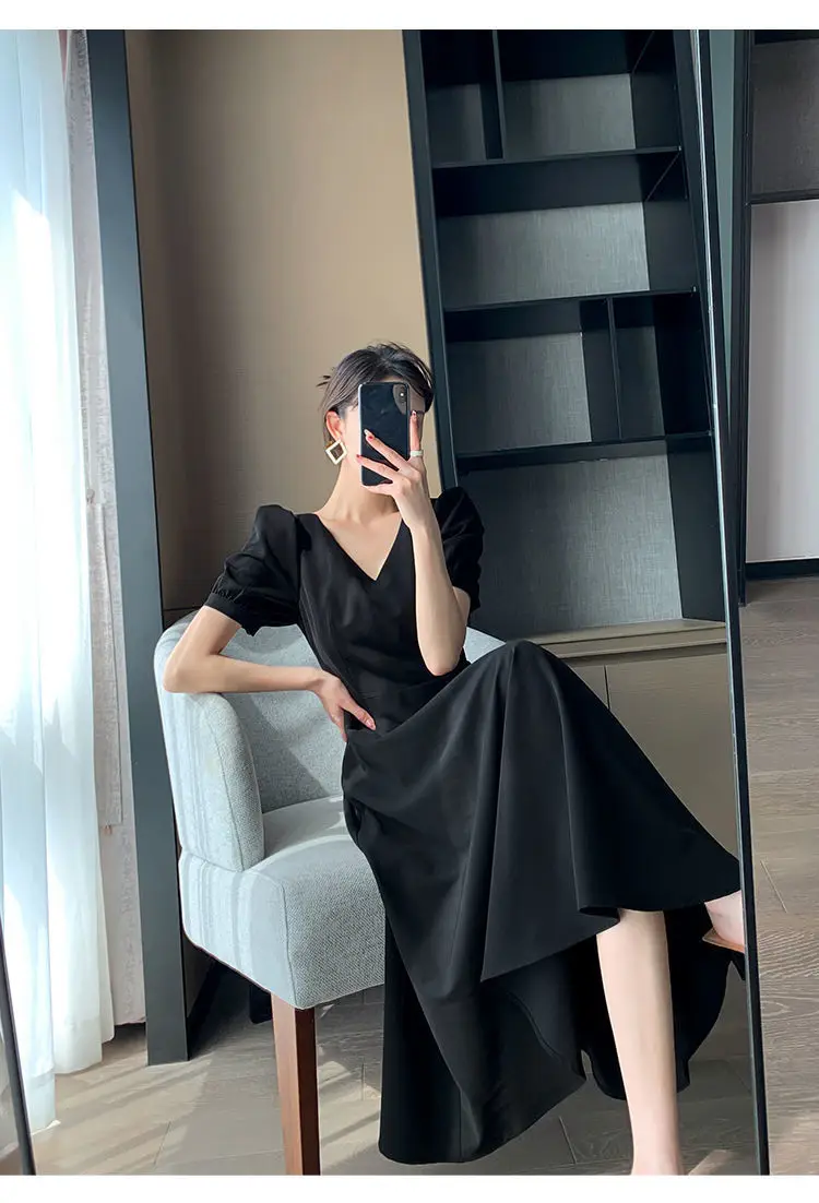 French Black V Neck A-Line Dress for Women 2023 — feature 8