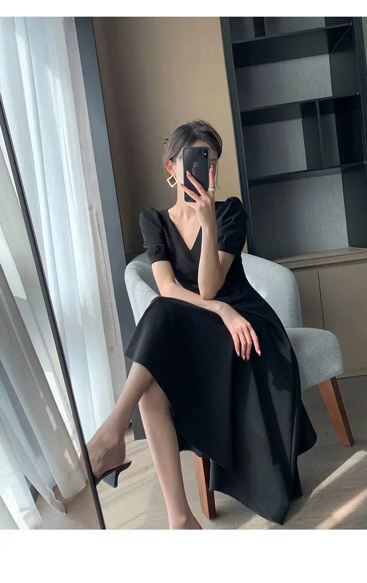 French Black V Neck A-Line Dress for Women 2023 — feature 9