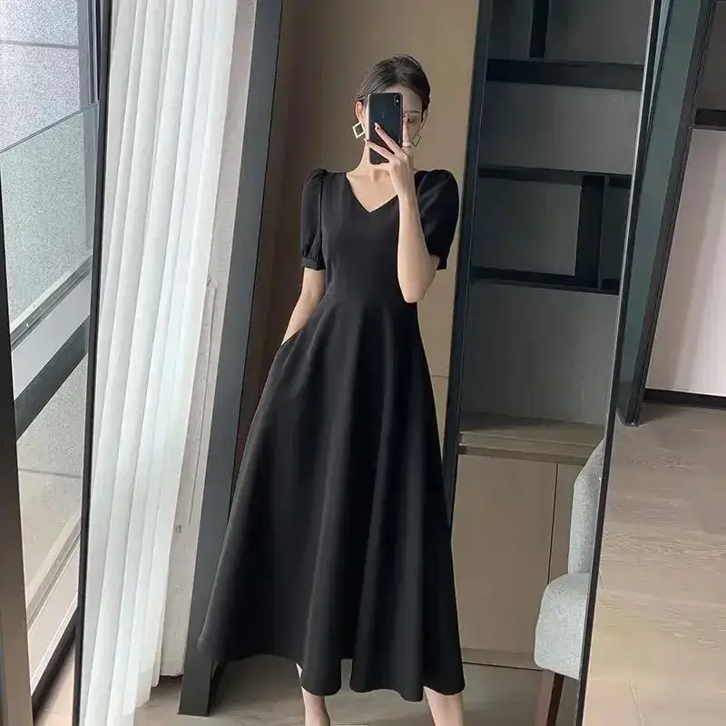 French Black V Neck A-Line Dress for Women 2023 - Image 5