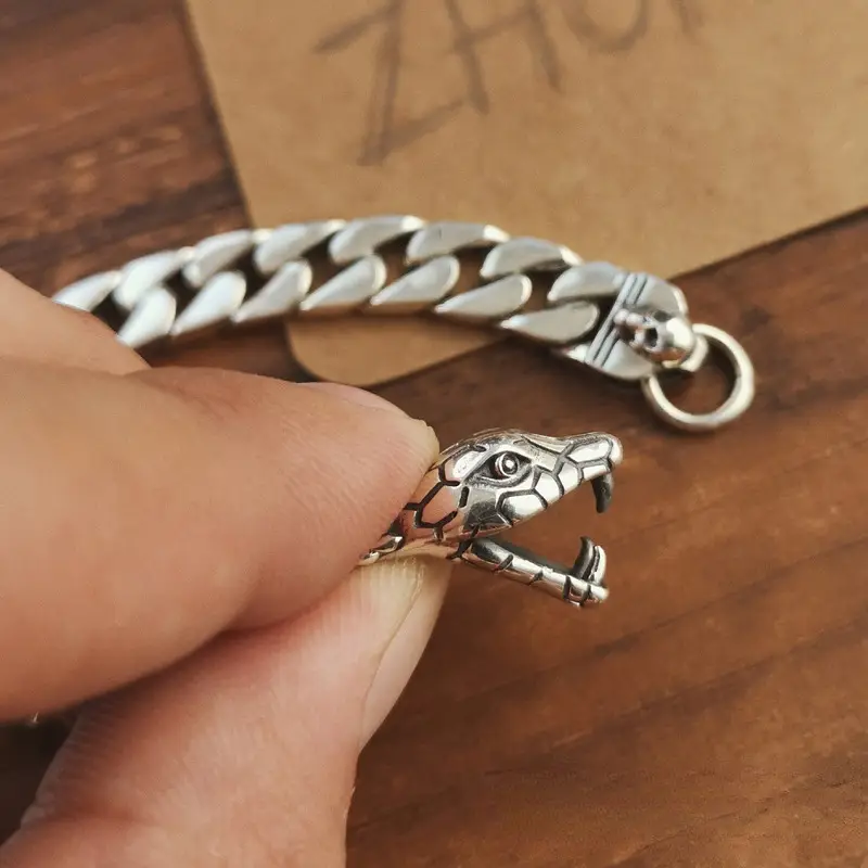 Retro Snake Head Bracelet Silver Chain for Men Women - Image 3