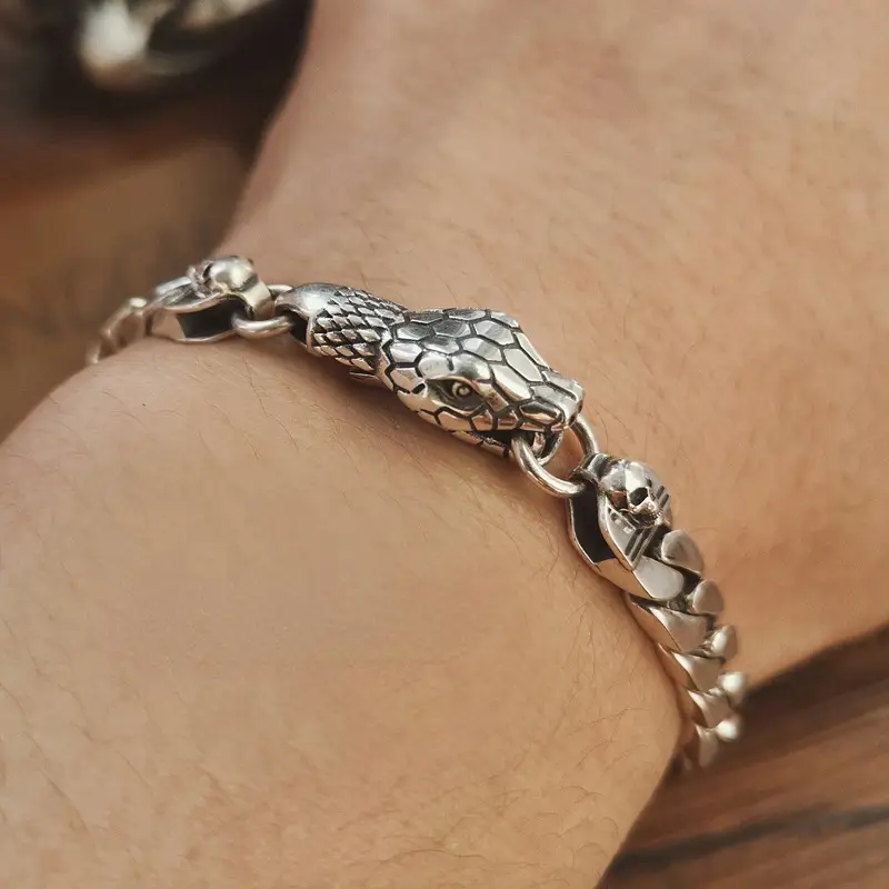 Retro Snake Head Bracelet Silver Chain for Men Women - Image 5