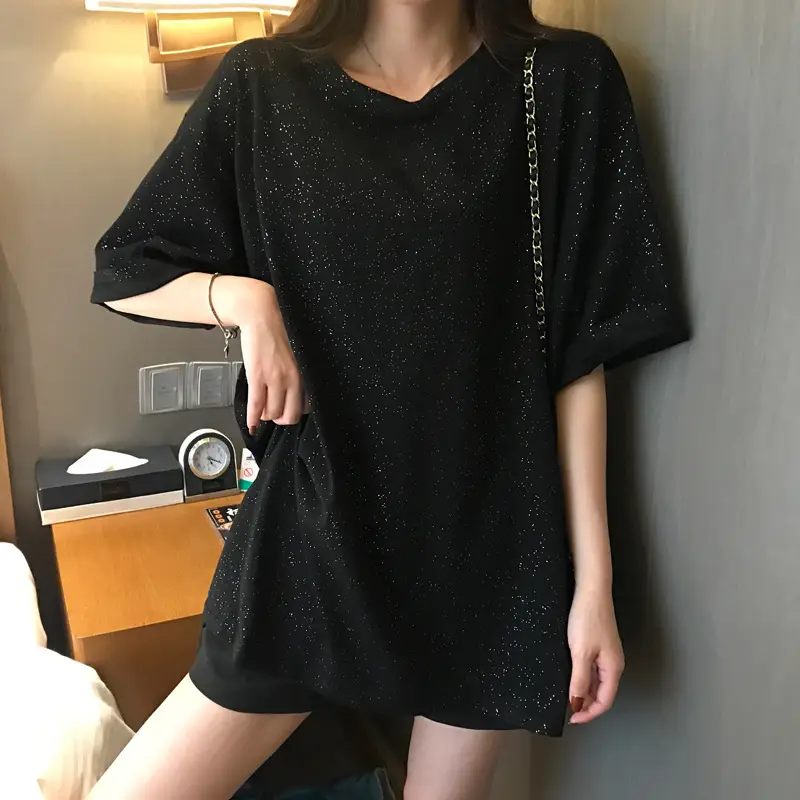 Unisex Shiny Loose T-Shirt Mid Length Short Sleeve