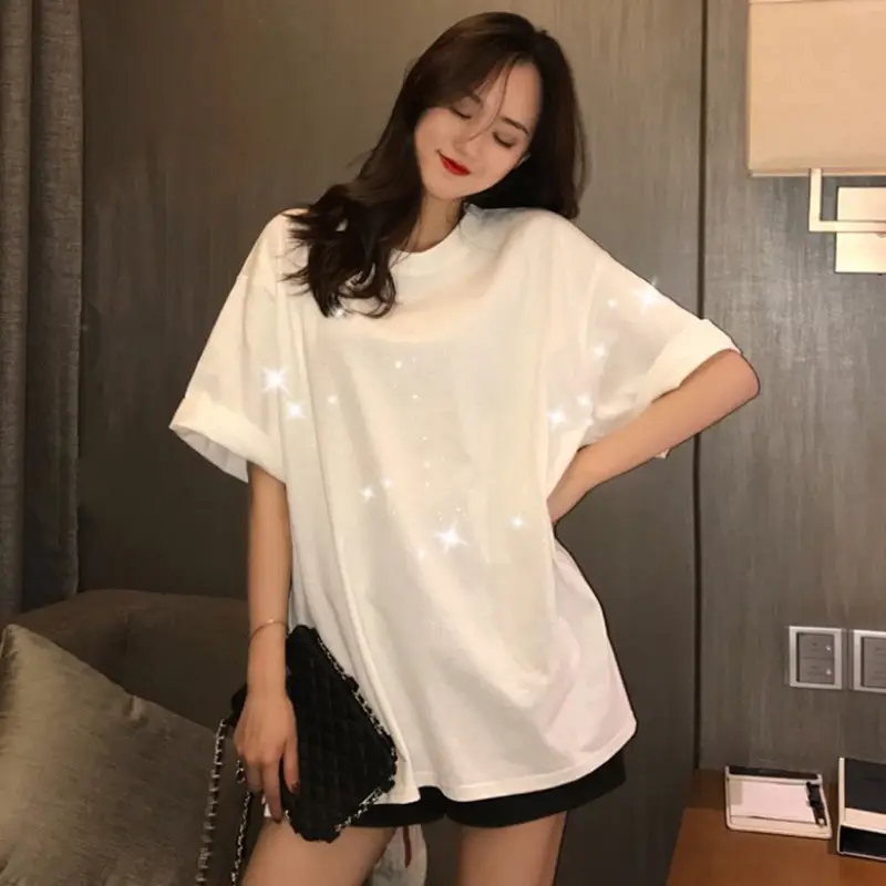 Unisex Shiny Loose T-Shirt Mid Length Short Sleeve