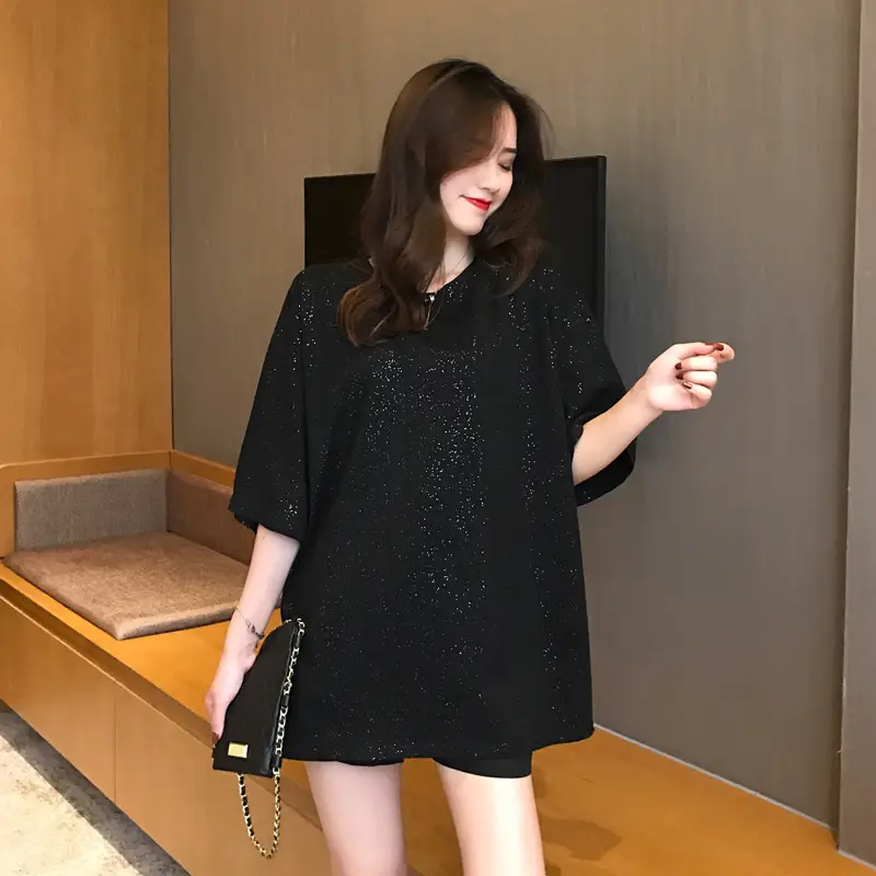 Unisex Shiny Loose T-Shirt Mid Length Short Sleeve