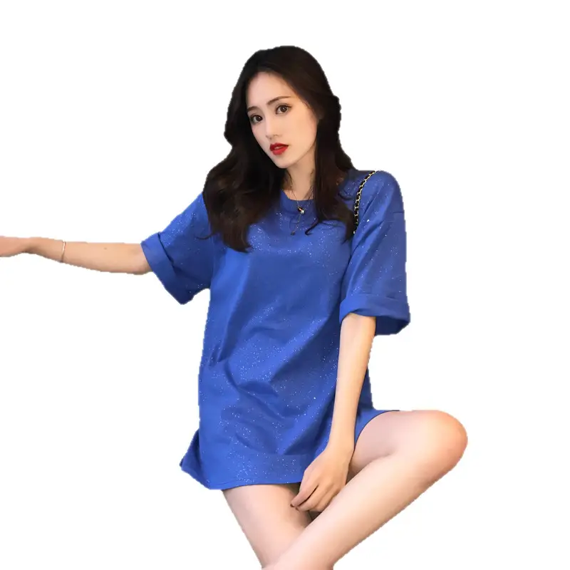 Unisex Shiny Loose T-Shirt Mid Length Short Sleeve
