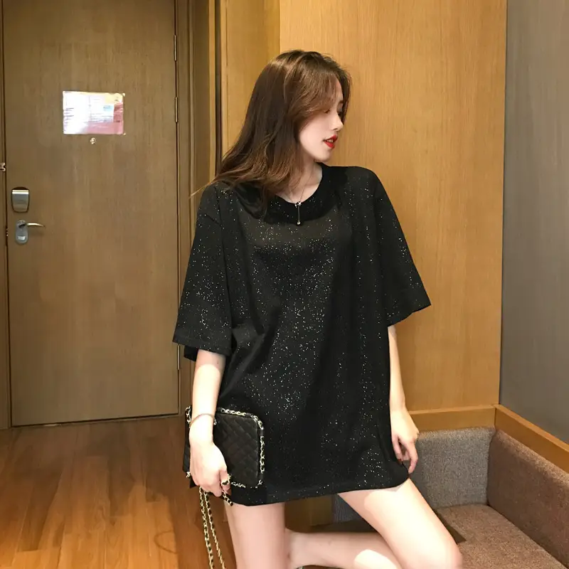 Unisex Shiny Loose T-Shirt Mid Length Short Sleeve