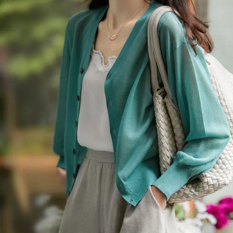 Women's Green Knitted V-Neck Cardigan Sun Protection Jacket - Image 4