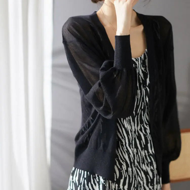 Women's Green Knitted V-Neck Cardigan Sun Protection Jacket - Image 3