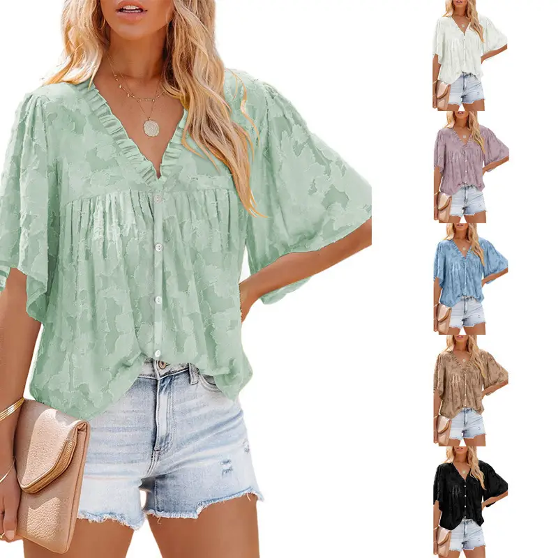 Women V Neck Chiffon Cardigan Green 3Q Sleeve - Image 7