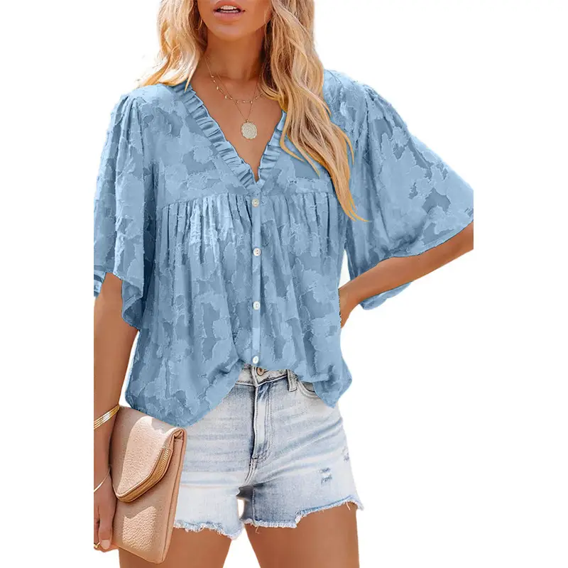 Women V Neck Chiffon Cardigan Green 3Q Sleeve - Image 10