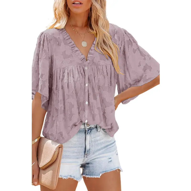 Women V Neck Chiffon Cardigan Green 3Q Sleeve - Image 11