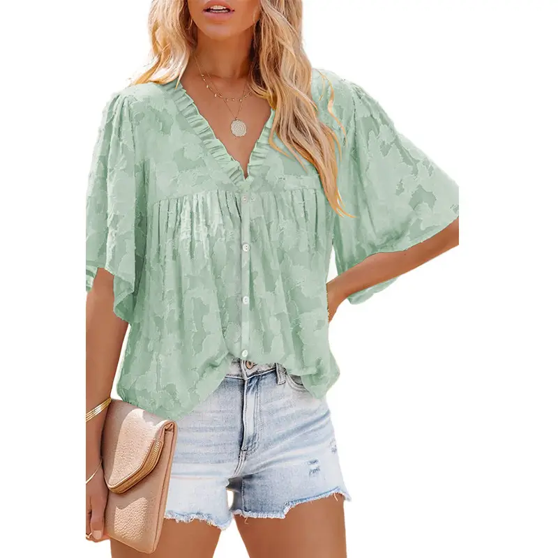 Women V Neck Chiffon Cardigan Green 3Q Sleeve - Image 2