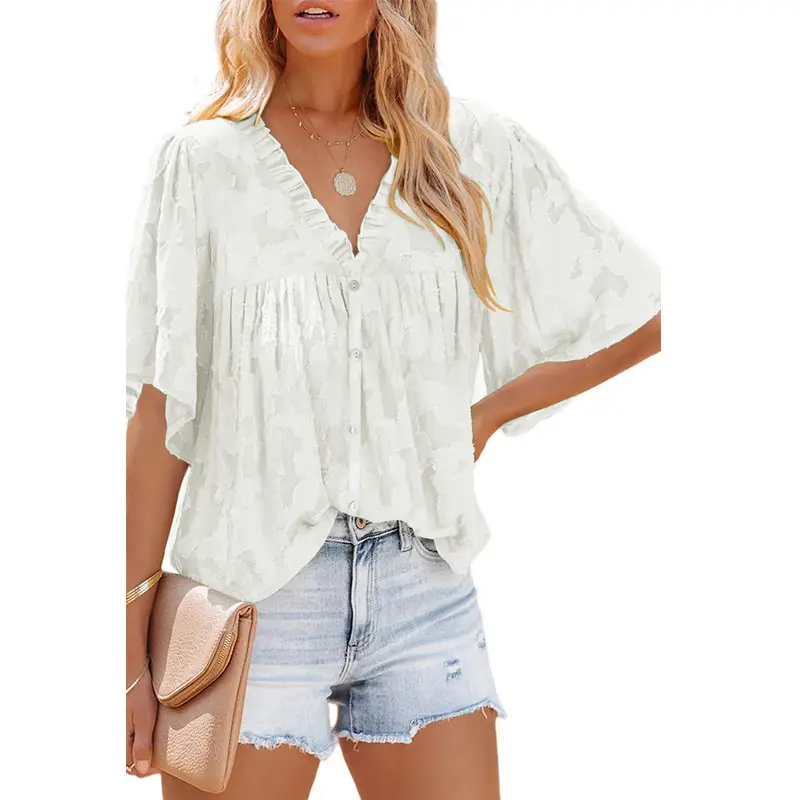 Women V Neck Chiffon Cardigan Green 3Q Sleeve - Image 4