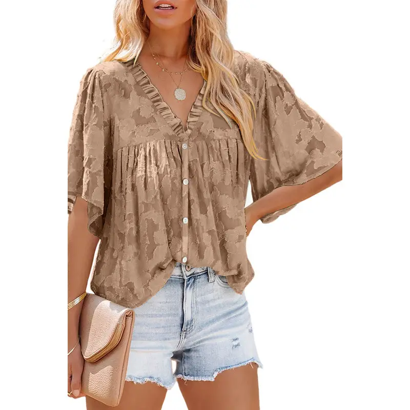 Women V Neck Chiffon Cardigan Green 3Q Sleeve - Image 5