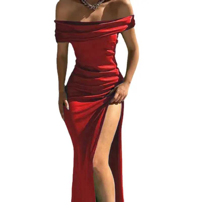Red One-Neck Sleeveless Dress with High Slit