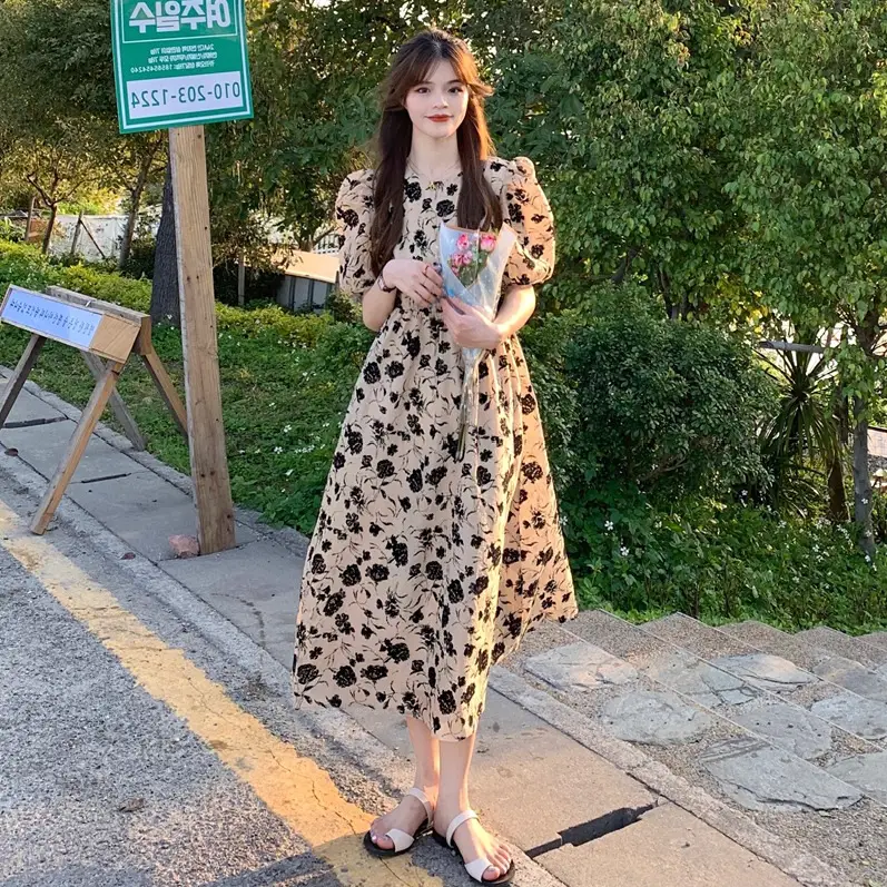 French Retro Floral Puff Sleeve Dress Women Summer - Image 2