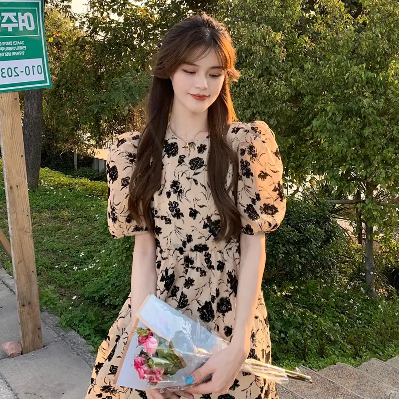 French Retro Floral Puff Sleeve Dress Women Summer - Image 4