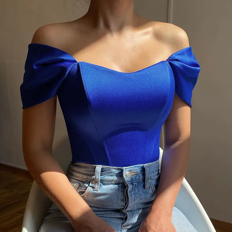 Off-Shoulder Fishbone Waist Tube Top Vest Blue - Image 8