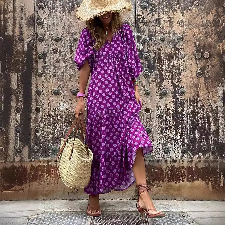 Women Digital Printed Long Dress Purple 2023 Summer - Image 6