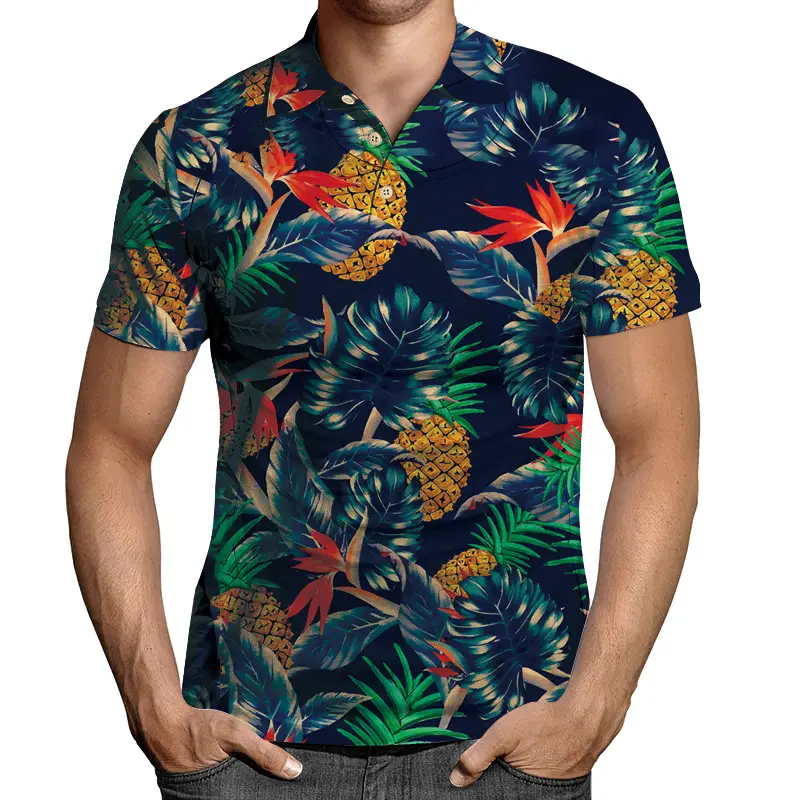 2026 Men 3D Printed Lapel T-Shirt Black Gold Chain