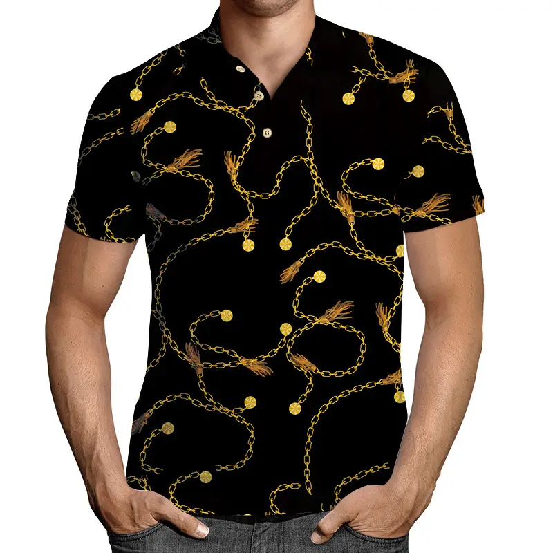 2026 Men 3D Printed Lapel T-Shirt Black Gold Chain