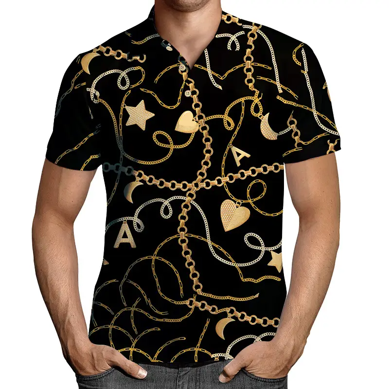 2026 Men 3D Printed Lapel T-Shirt Black Gold Chain