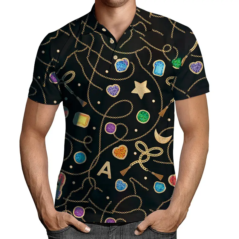2026 Men 3D Printed Lapel T-Shirt Black Gold Chain