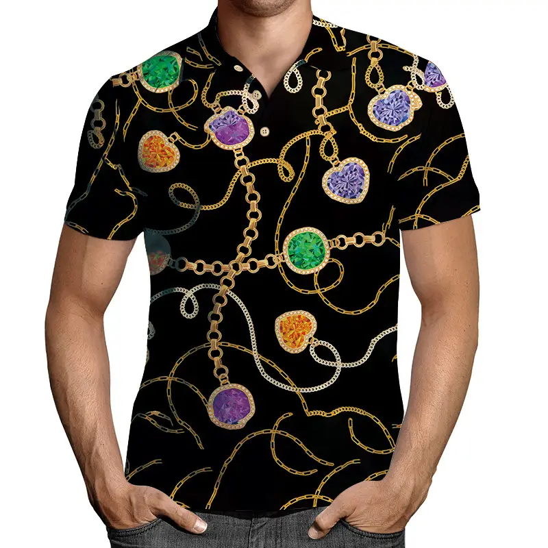 2026 Men 3D Printed Lapel T-Shirt Black Gold Chain