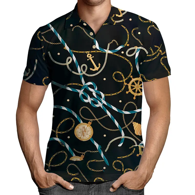 2026 Men 3D Printed Lapel T-Shirt Black Gold Chain