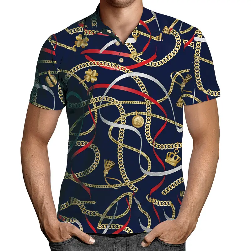 2026 Men 3D Printed Lapel T-Shirt Black Gold Chain
