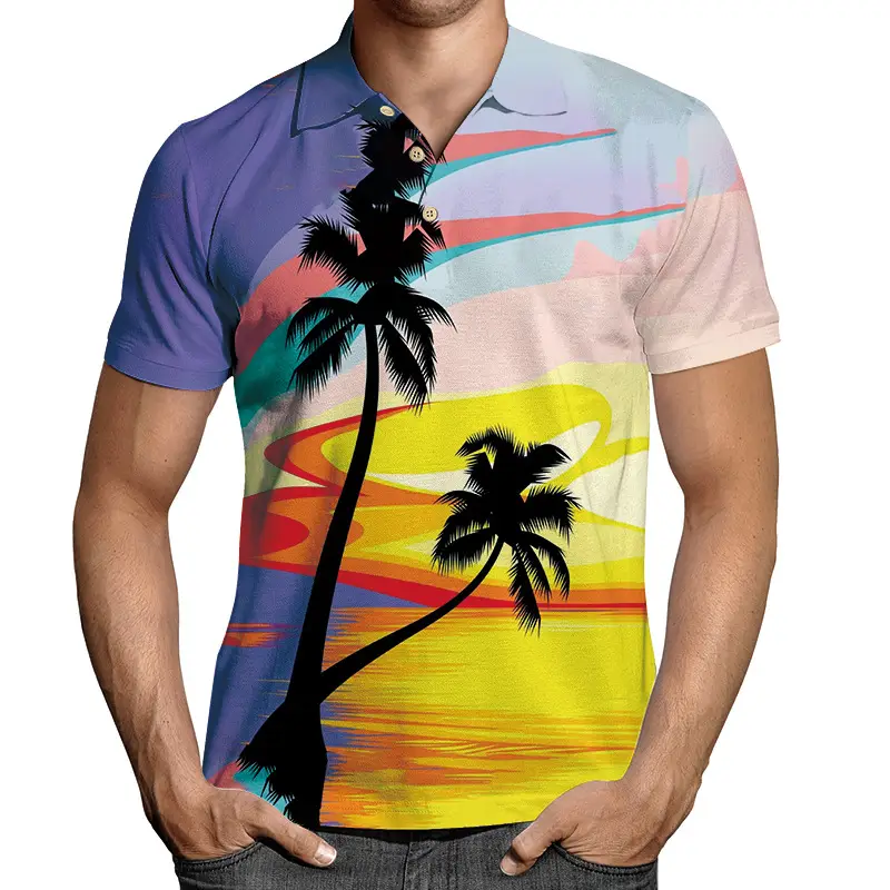 2026 Men 3D Printed Lapel T-Shirt Black Gold Chain