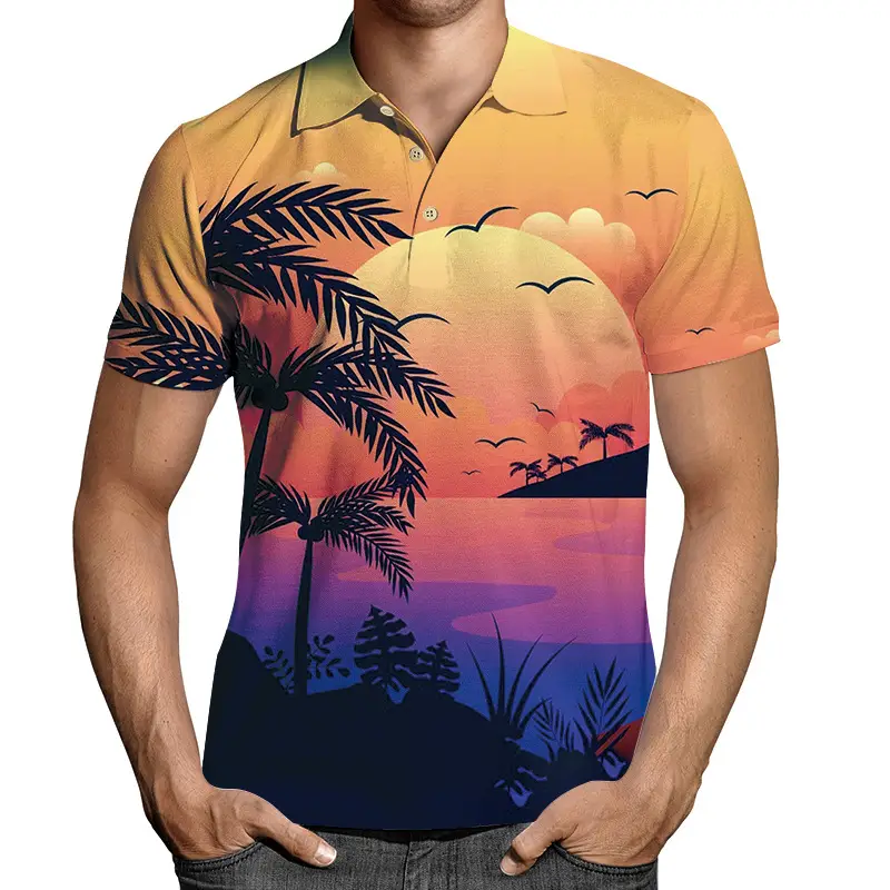 2026 Men 3D Printed Lapel T-Shirt Black Gold Chain