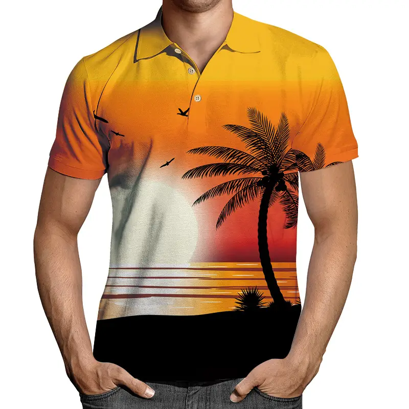 2026 Men 3D Printed Lapel T-Shirt Black Gold Chain