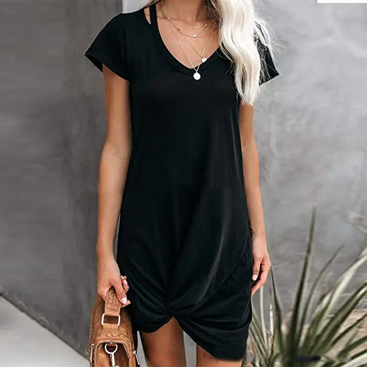 2024 Grey Twist V-Neck Short Sleeve T-Shirt Dress Women - Image 6
