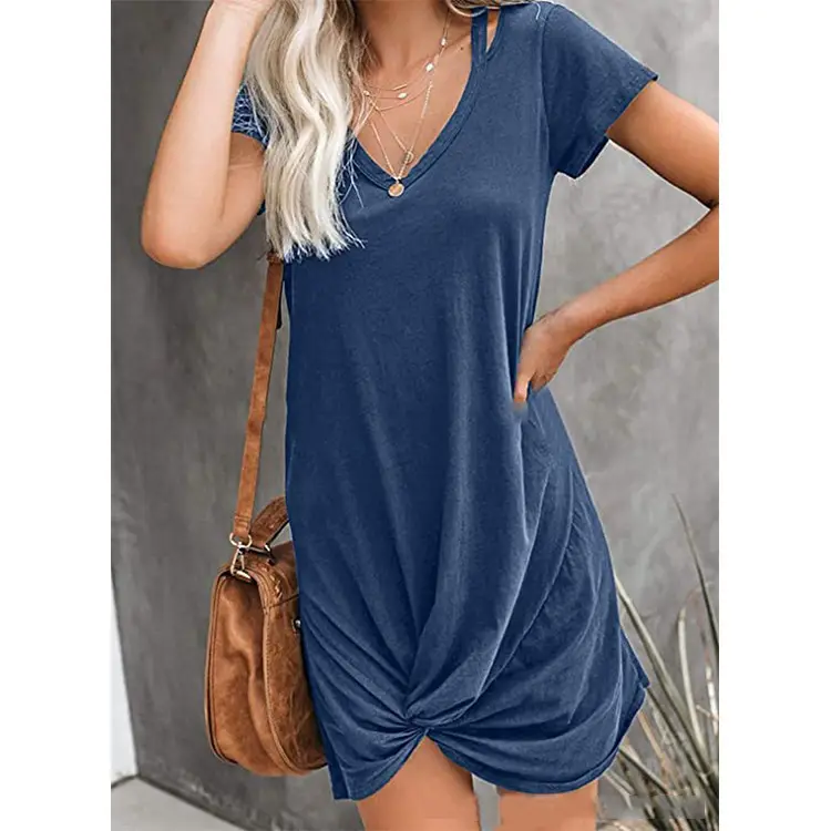 2024 Grey Twist V-Neck Short Sleeve T-Shirt Dress Women - Image 3