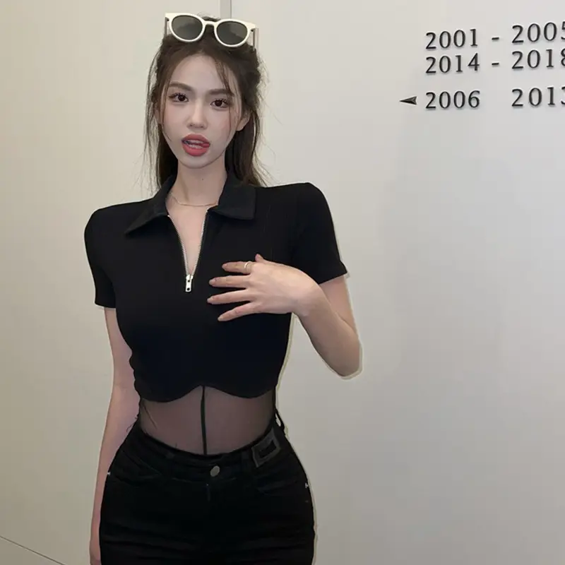 Black Mesh Polo Collar T-Shirt for Women Summer