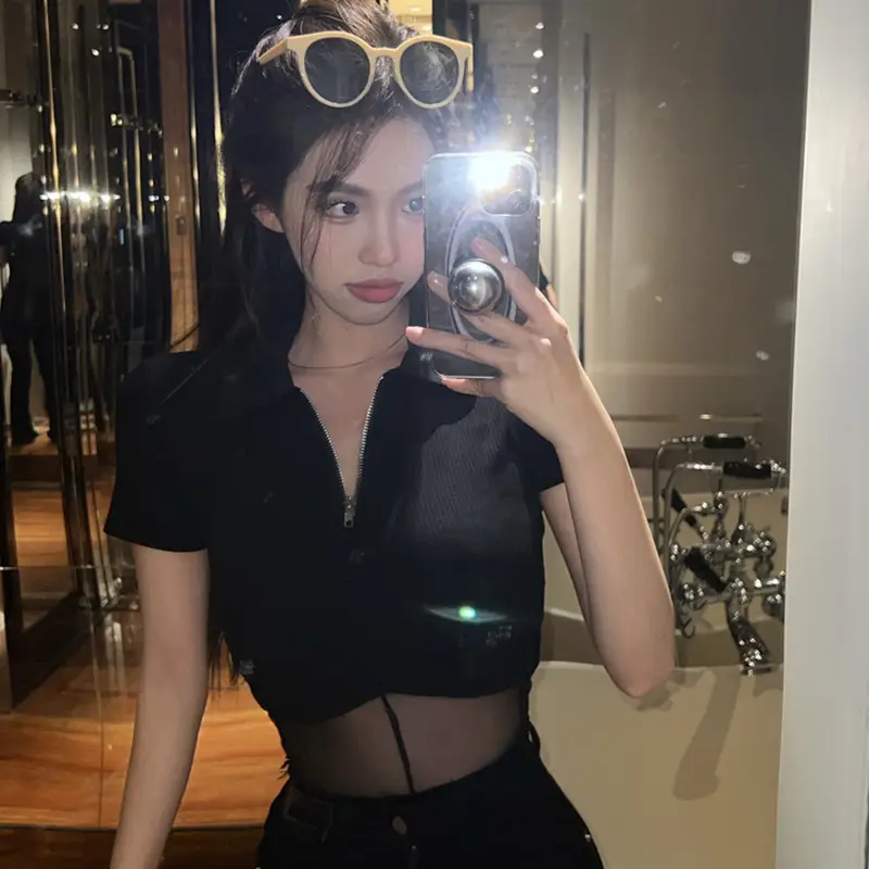Black Mesh Polo Collar T-Shirt for Women Summer