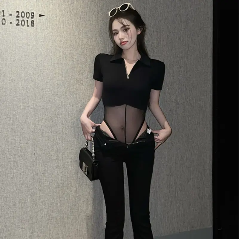 Black Mesh Polo Collar T-Shirt for Women Summer