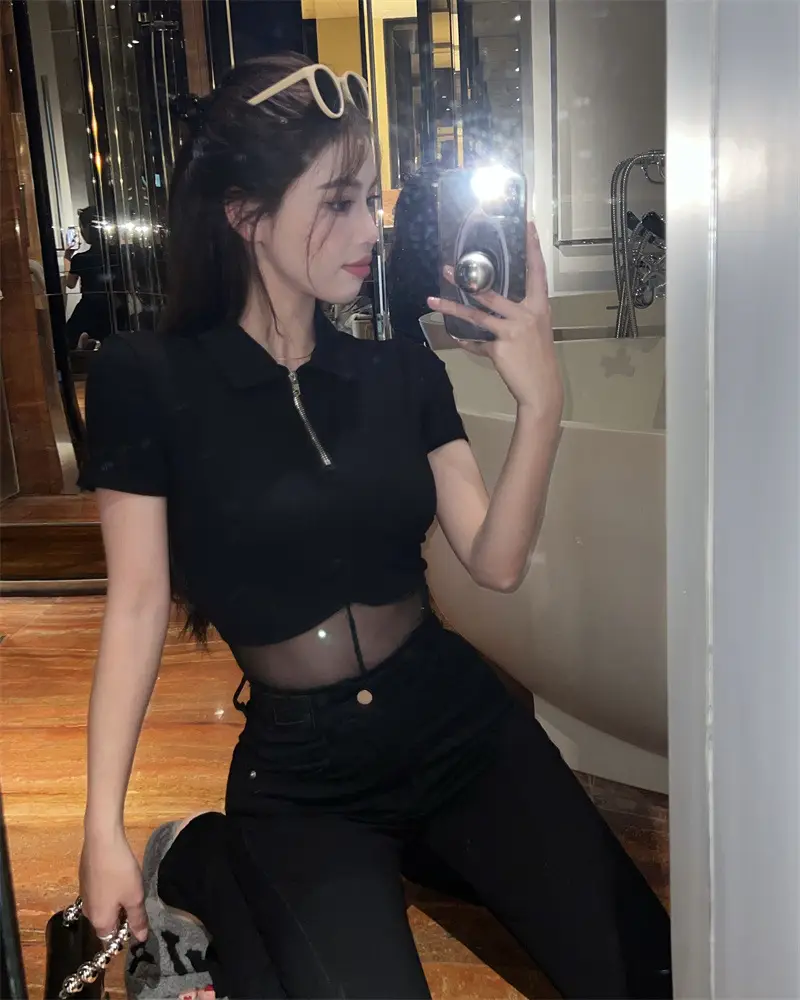 Black Mesh Polo Collar T-Shirt for Women Summer — feature 11