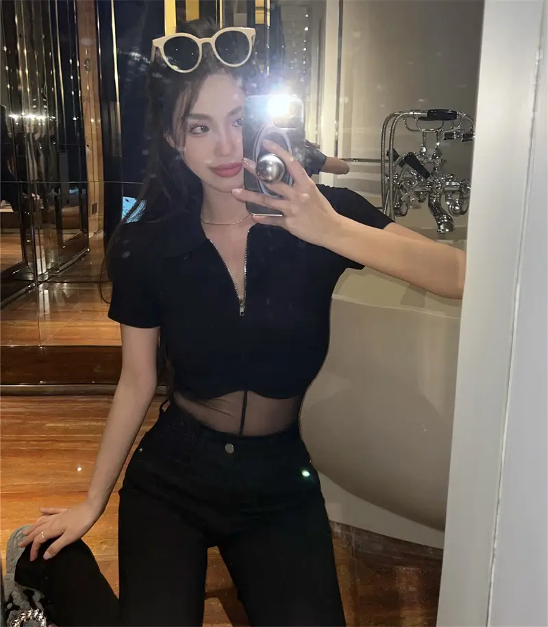 Black Mesh Polo Collar T-Shirt for Women Summer — feature 12