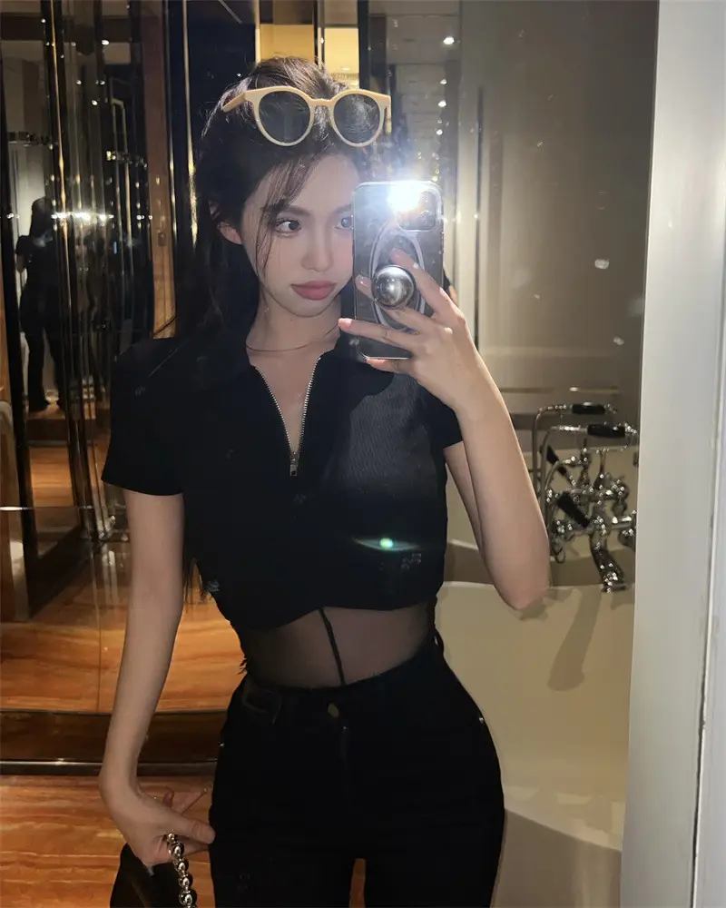 Black Mesh Polo Collar T-Shirt for Women Summer — feature 13