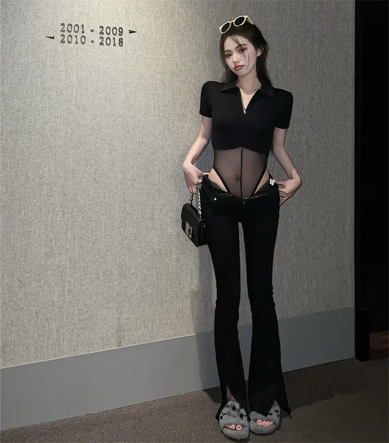 Black Mesh Polo Collar T-Shirt for Women Summer — feature 14