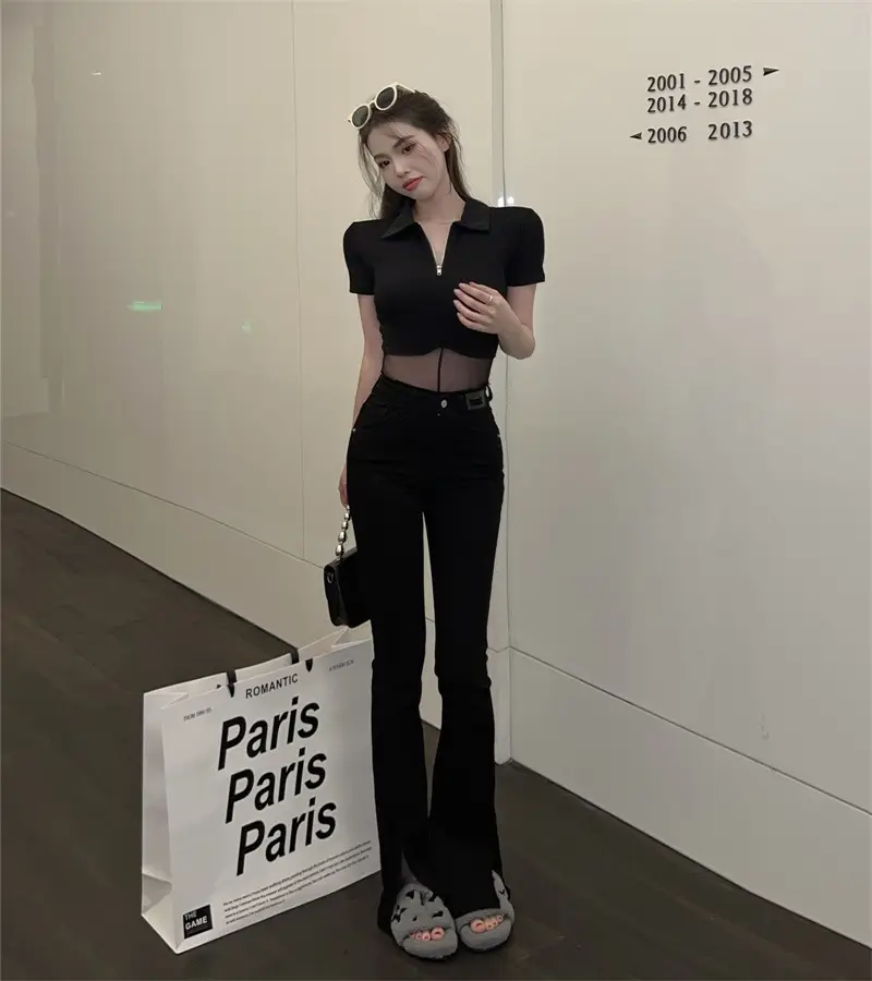 Black Mesh Polo Collar T-Shirt for Women Summer — feature 16