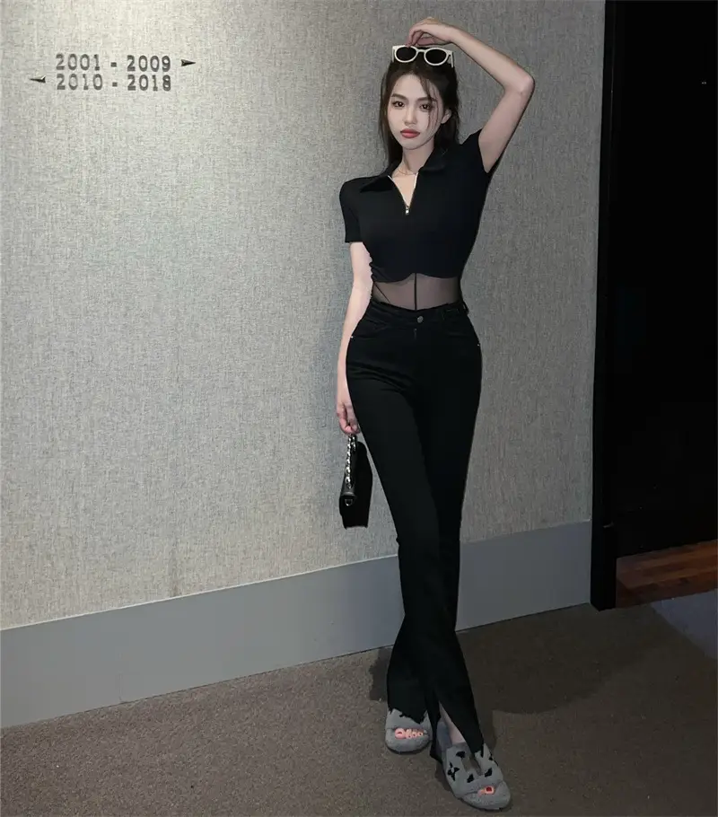 Black Mesh Polo Collar T-Shirt for Women Summer — feature 3