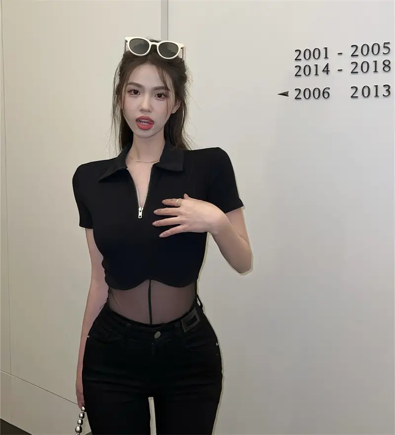Black Mesh Polo Collar T-Shirt for Women Summer — feature 4