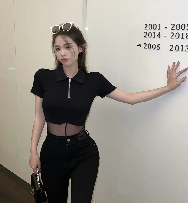Black Mesh Polo Collar T-Shirt for Women Summer — feature 5